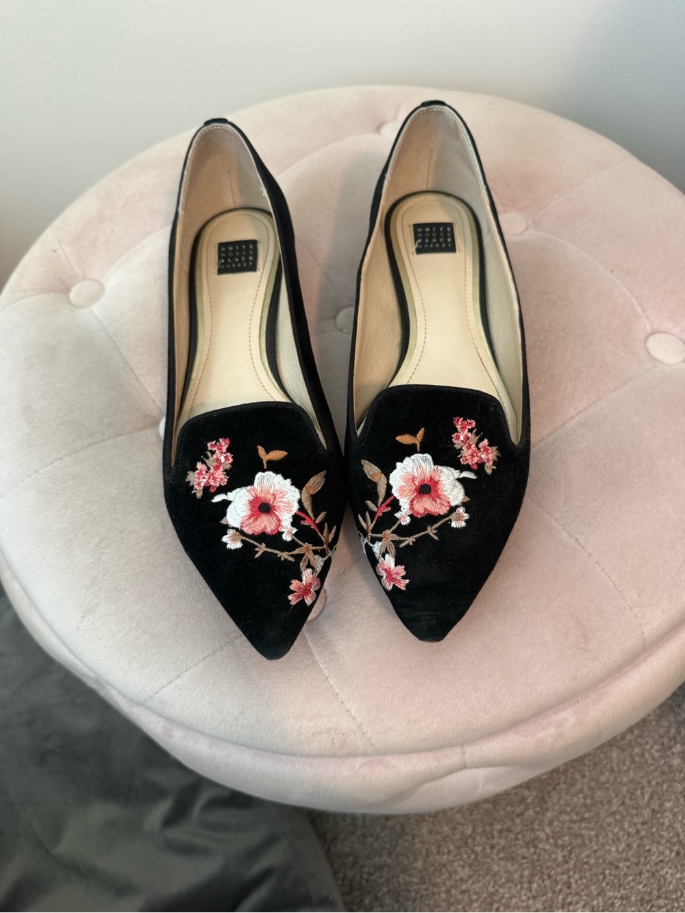 White House Black Market Black Pointed Flats with Pink & White Floral Embroidery